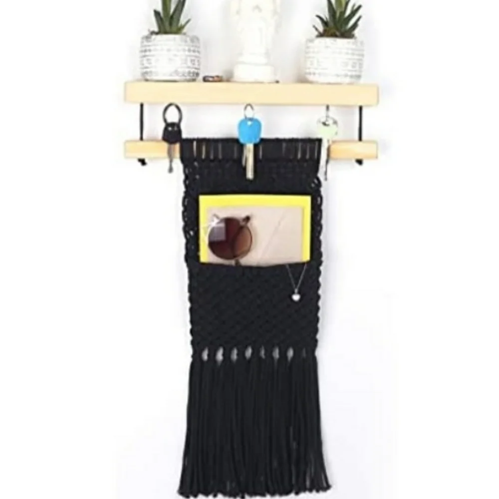 Maris Wood Floating Shelf with Black Macrame Organizing Accent Pocket & Hooks
